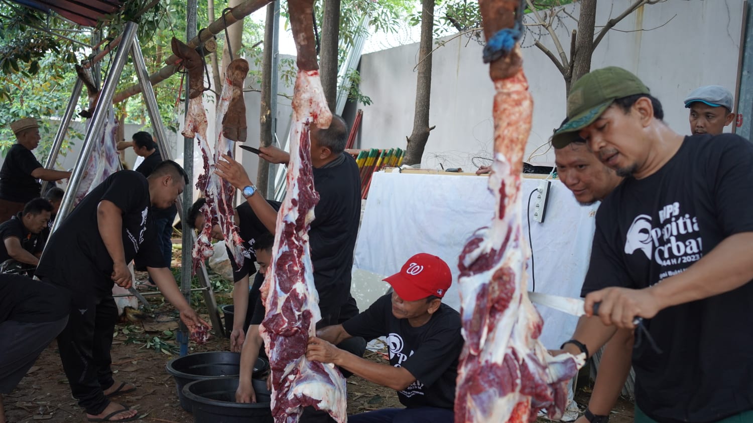Suasana pelaksanaan qurban Idul Adha di Lingkungan BNPB pada Jumat (30/6).